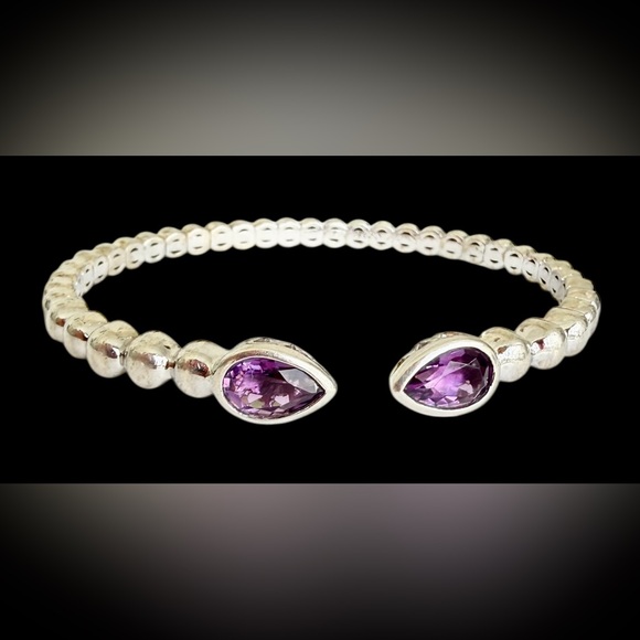 Sterling Silver Bracelet Gabriel & Co Bujukan Pear Shape Amethyst Split Bangle - Picture 8 of 9